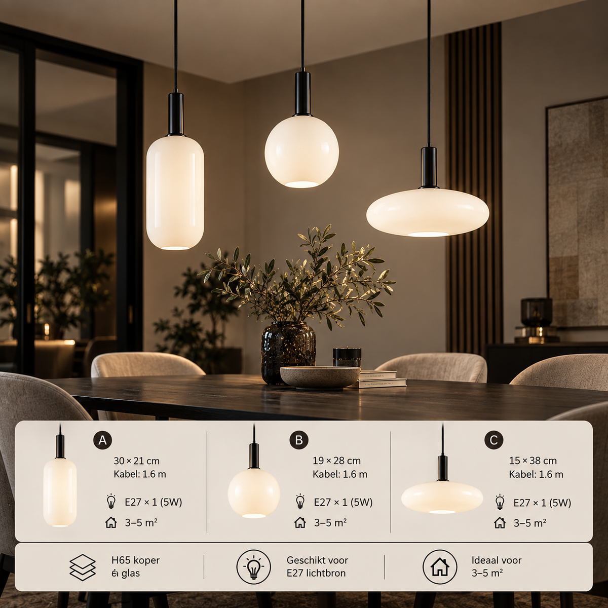 Melkglazen LED hanglamp zwart / goud