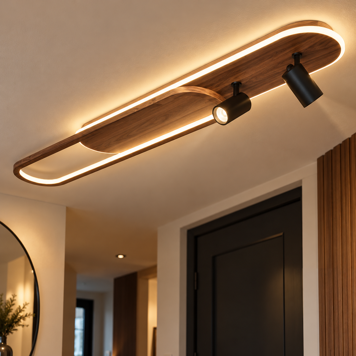 Linear LED Ceiling Light with Walnut Finish and Spotlight