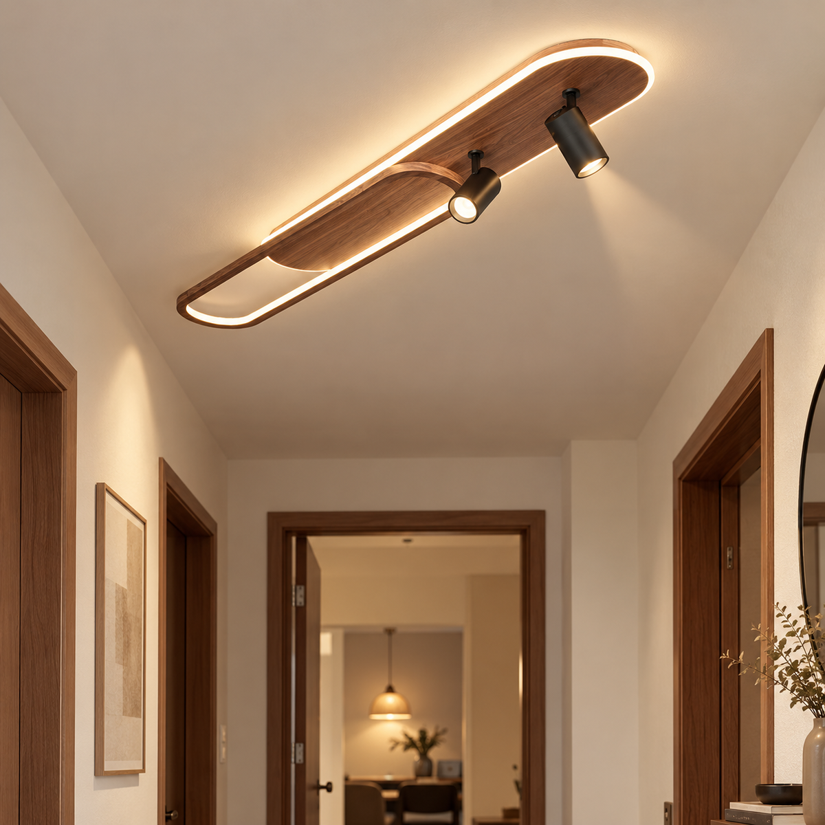Linear LED Ceiling Light with Walnut Finish and Spotlight