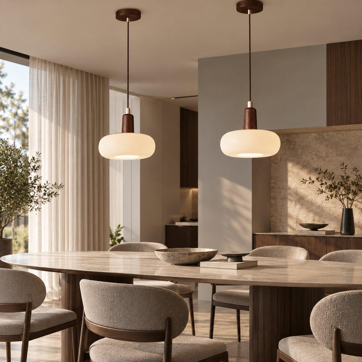 Melkglazen LED Hanglamp met Houten Pendel