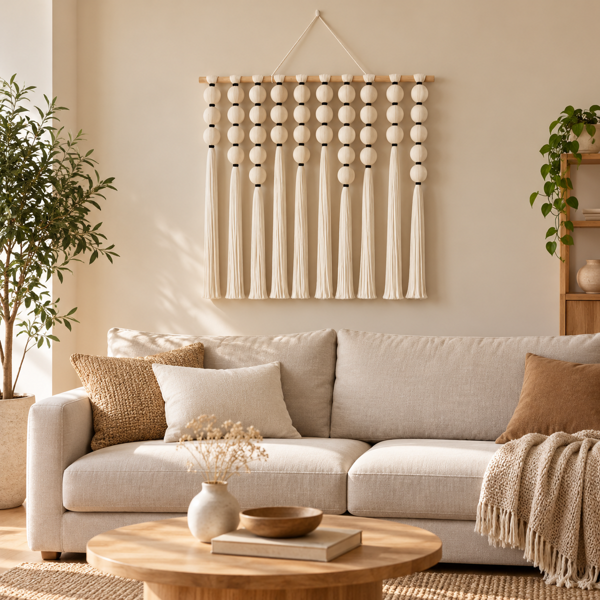 Makramee-Wandbehang mit Perlen – 100 × 95 cm