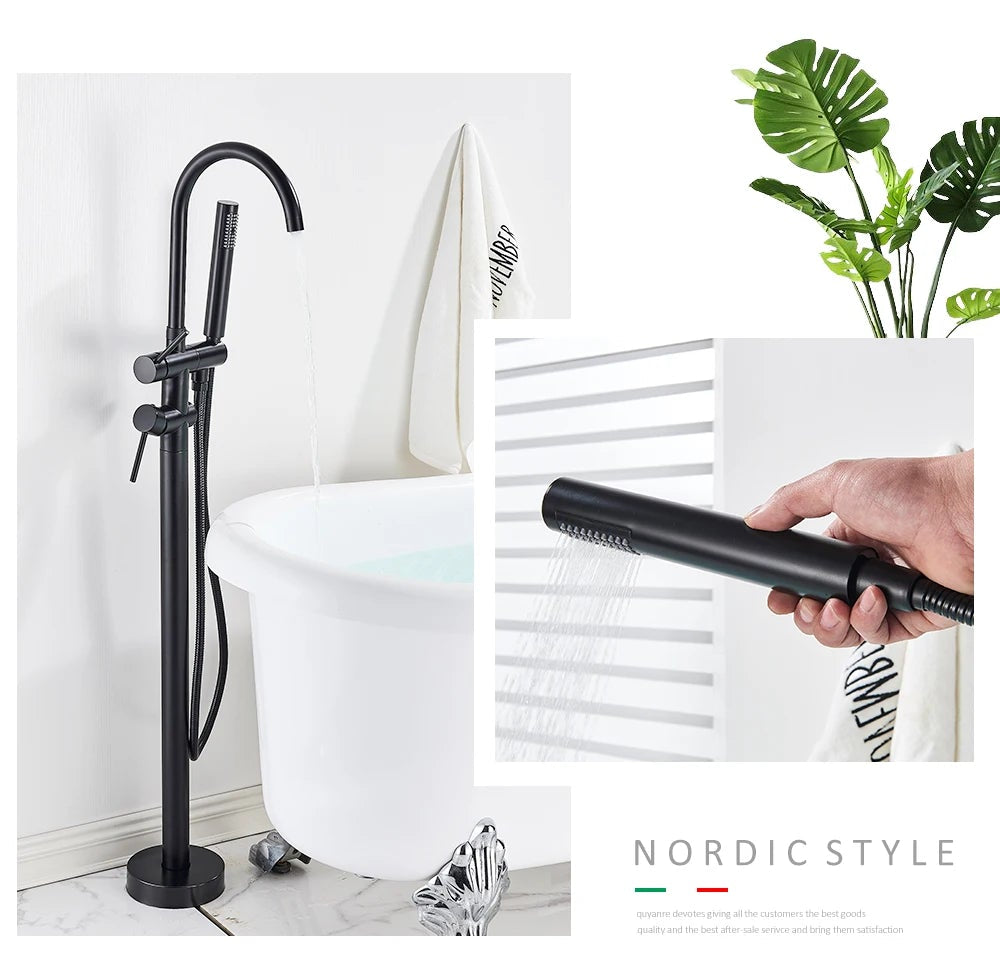 Floor Standing Bathtub Faucet - Single Handle Mixer with 360° Swivel Spout & Hand Shower