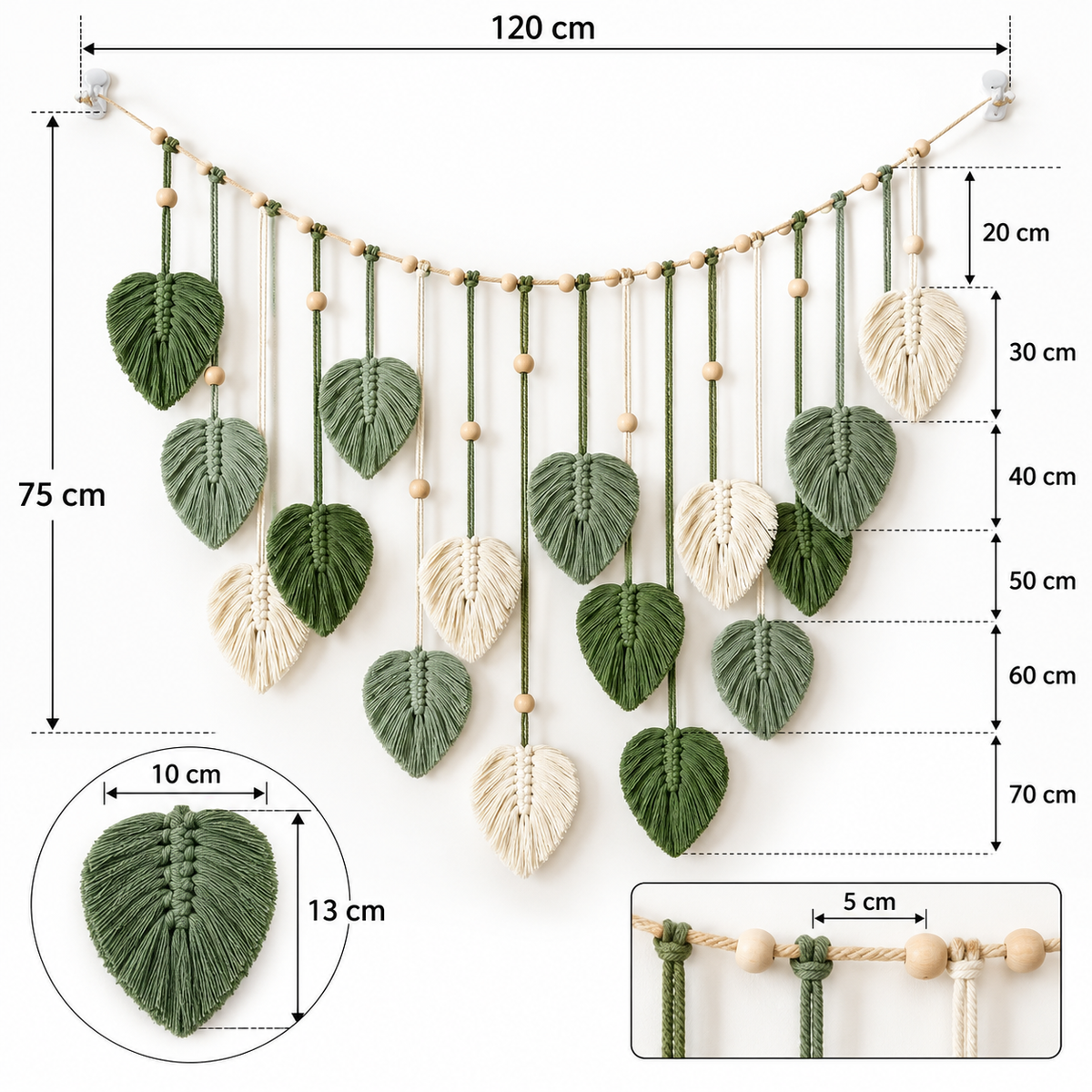 Boho-Makramee-Wandbehang mit Blättern – 120 × 75 cm