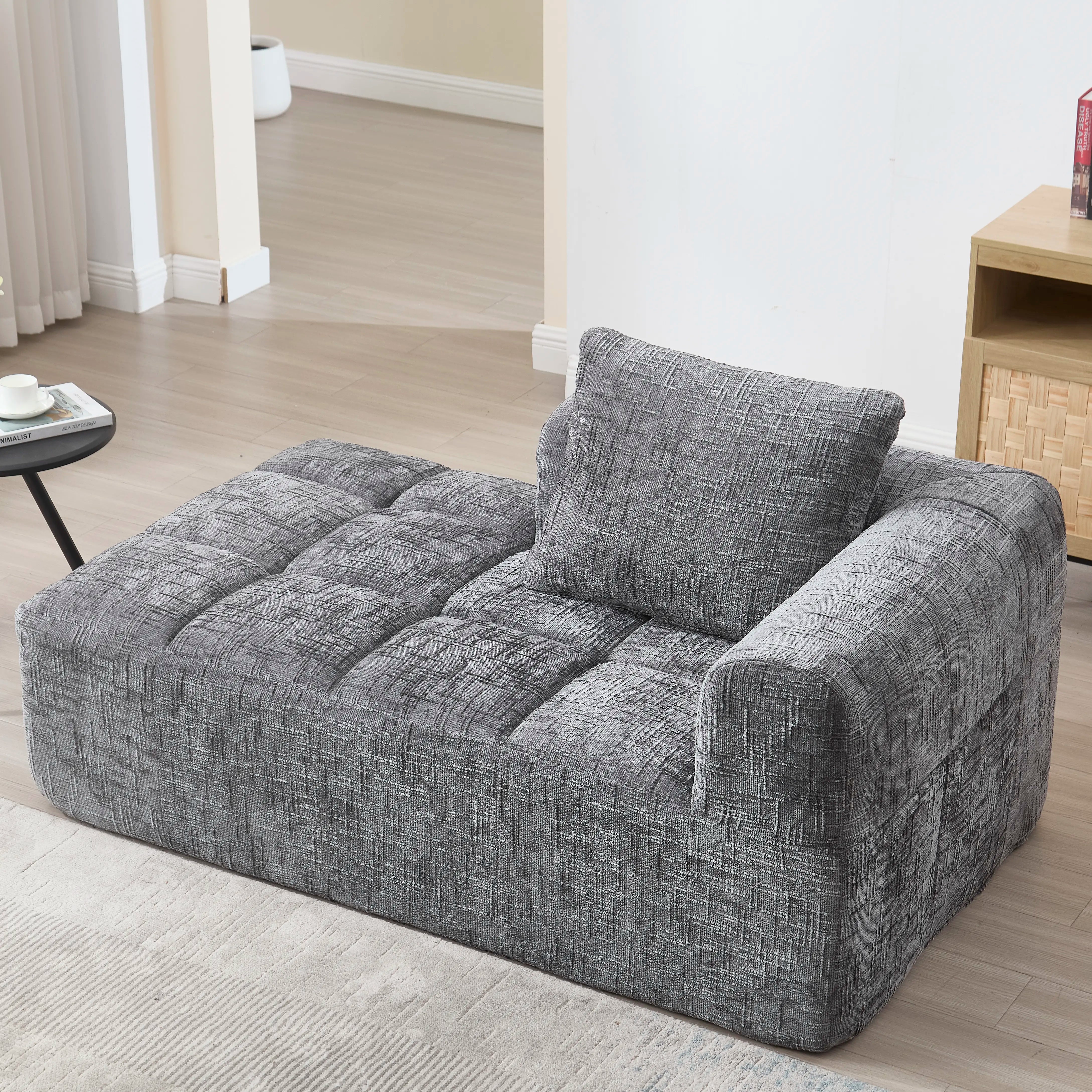 Luxury Beige Chenille Chaise Lounge Sofa - 2-Seater with Storage Pockets