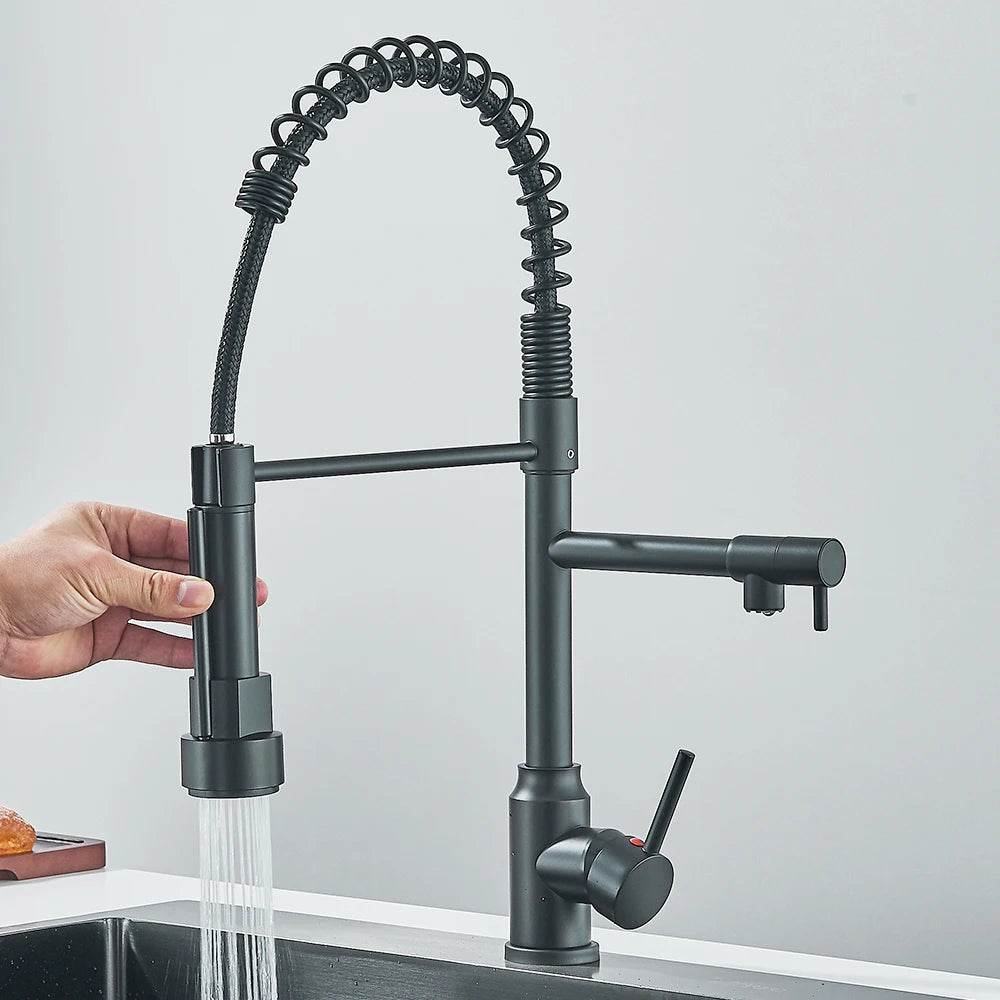 Dual Spout Kitchen Faucet with Pull-Out Spring Sprayer – Chrome | Mixer Tap
