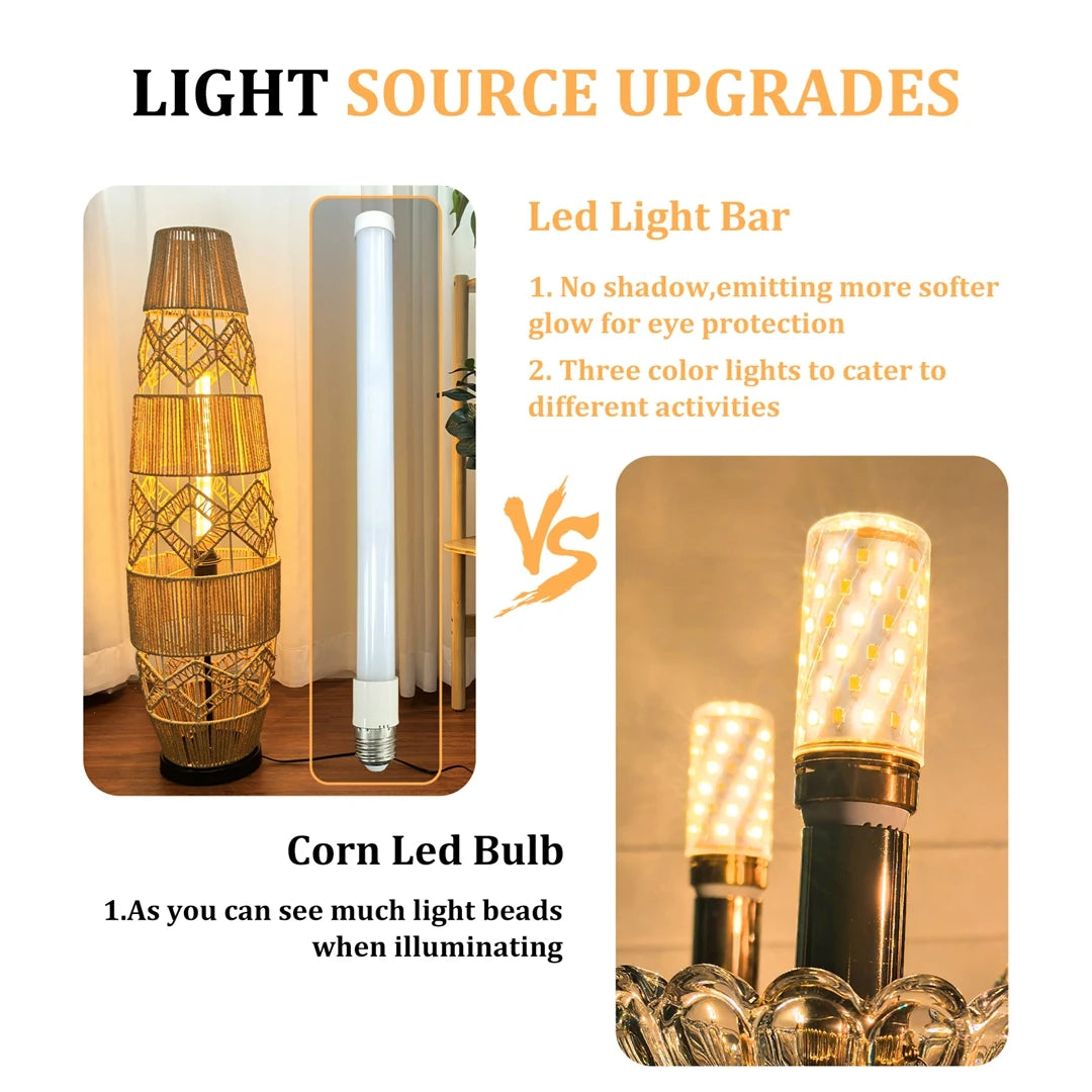 Boho-Stehlampe aus handgeflochtenem Rattan mit LED-Lichtleiste – Eckleselampe