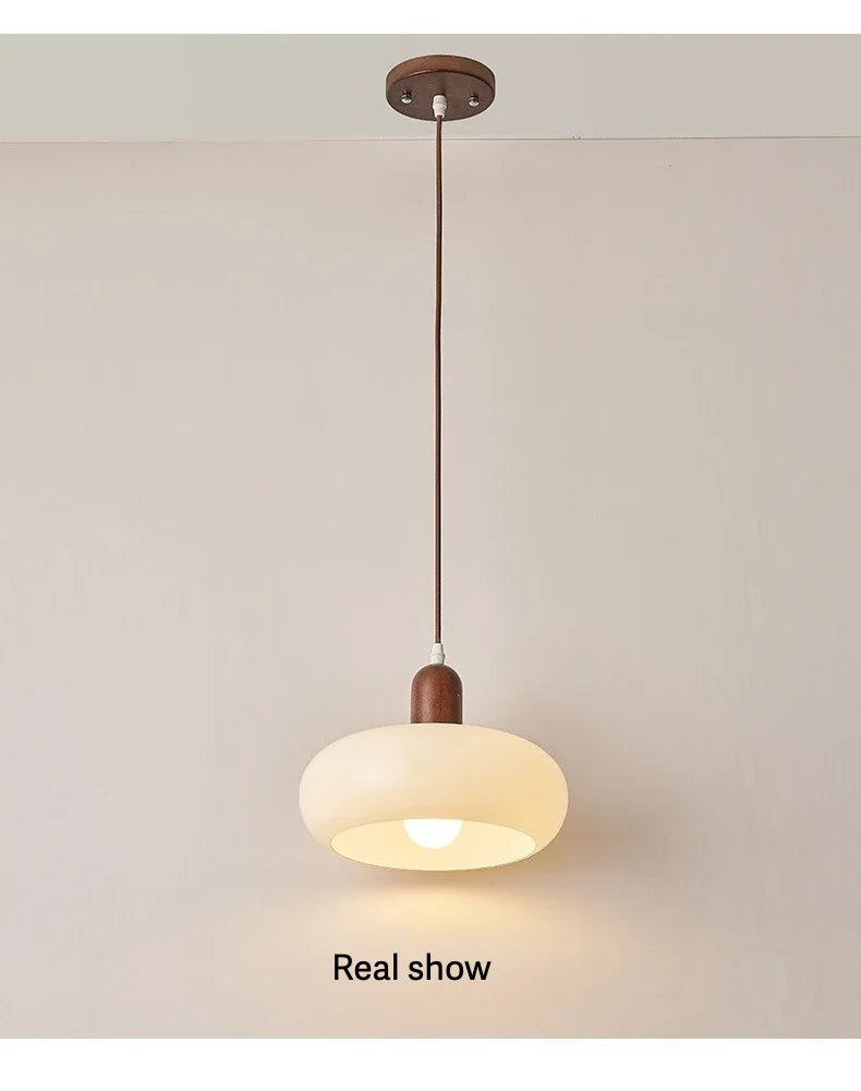 Melkglazen LED Hanglamp met Houten Pendel