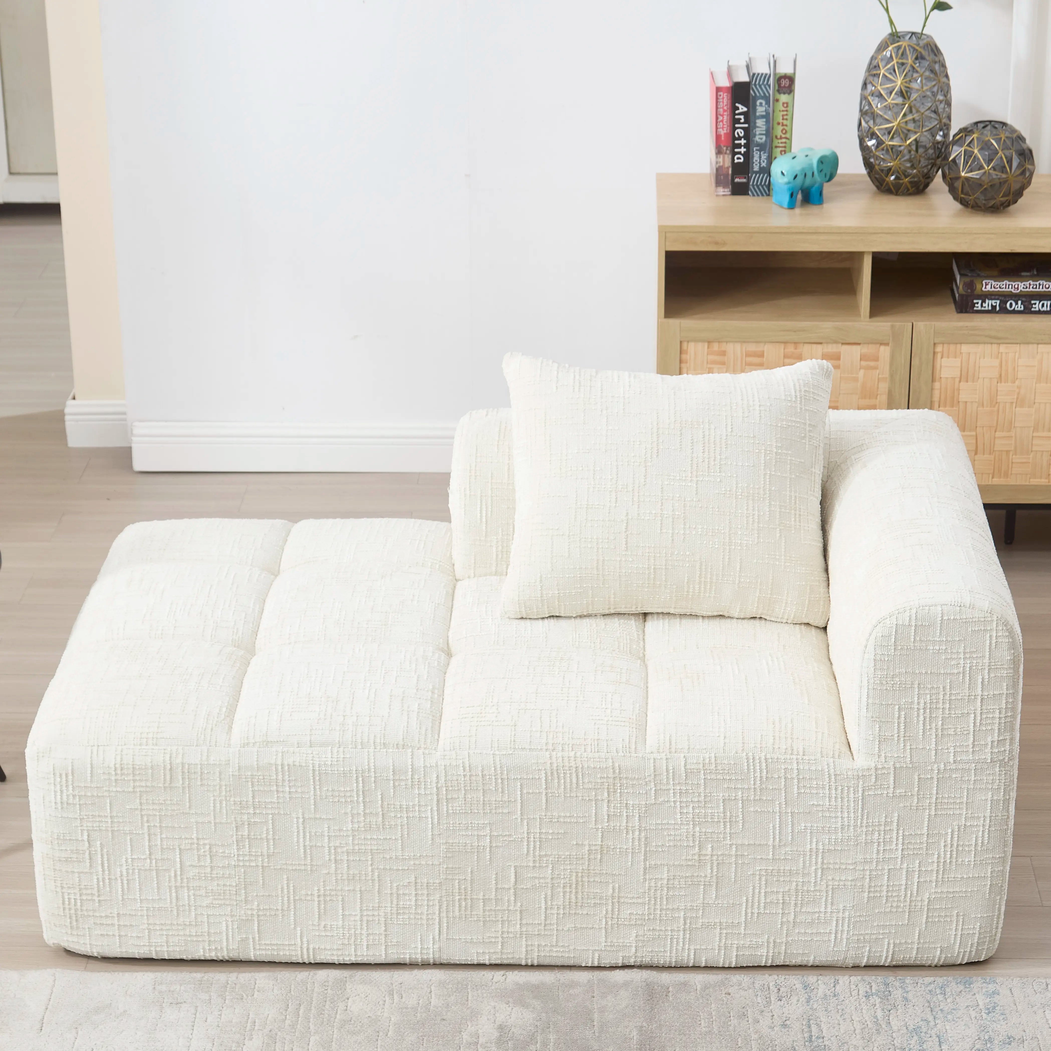 Luxury Beige Chenille Chaise Lounge Sofa - 2-Seater with Storage Pockets