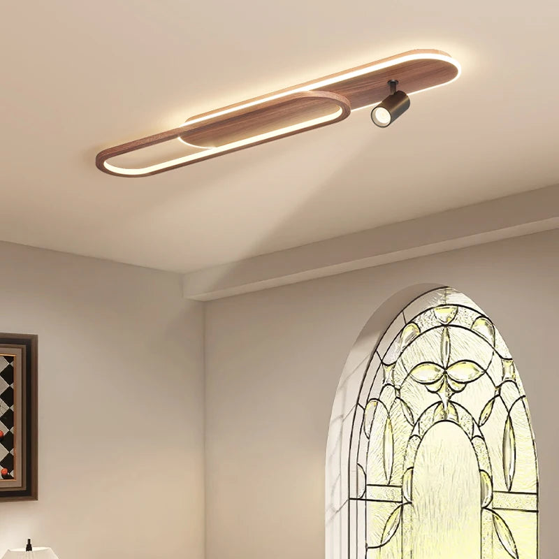 Linear LED Ceiling Light with Walnut Finish and Spotlight