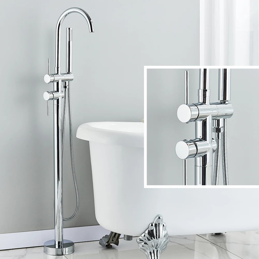 Floor Standing Bathtub Faucet - Single Handle Mixer with 360° Swivel Spout & Hand Shower