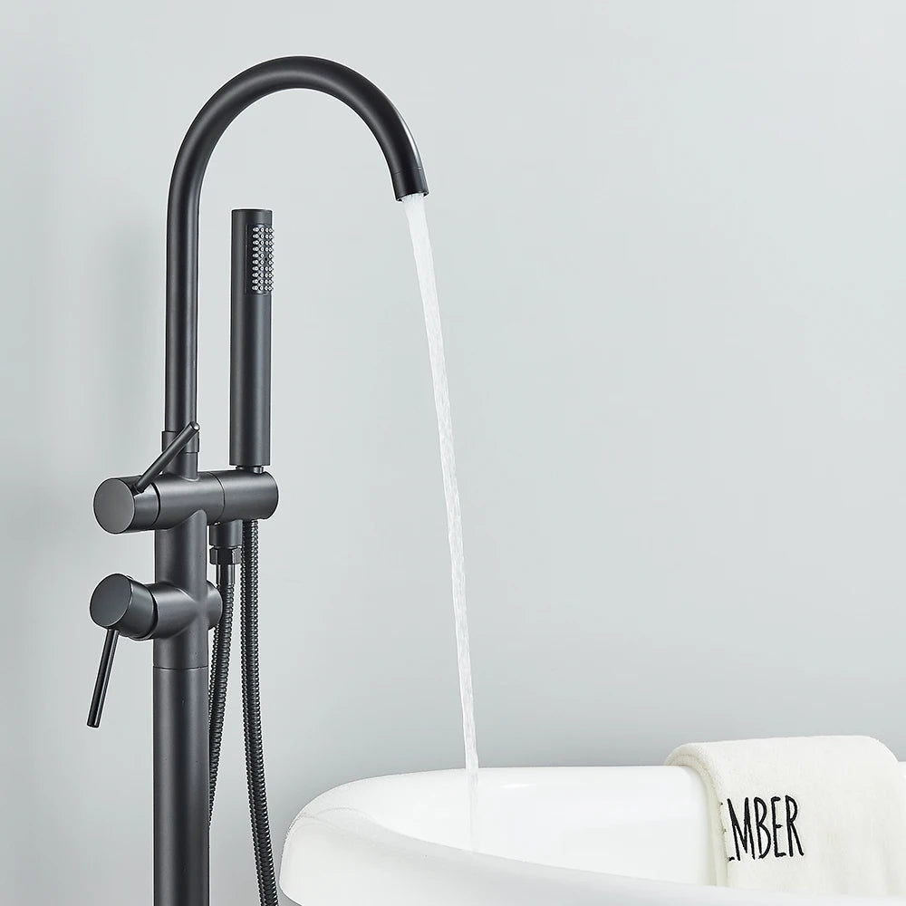 Floor Standing Bathtub Faucet - Single Handle Mixer with 360° Swivel Spout & Hand Shower