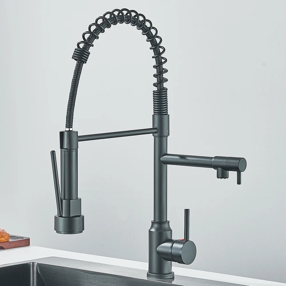 Dual Spout Kitchen Faucet with Pull-Out Spring Sprayer – Chrome | Mixer Tap