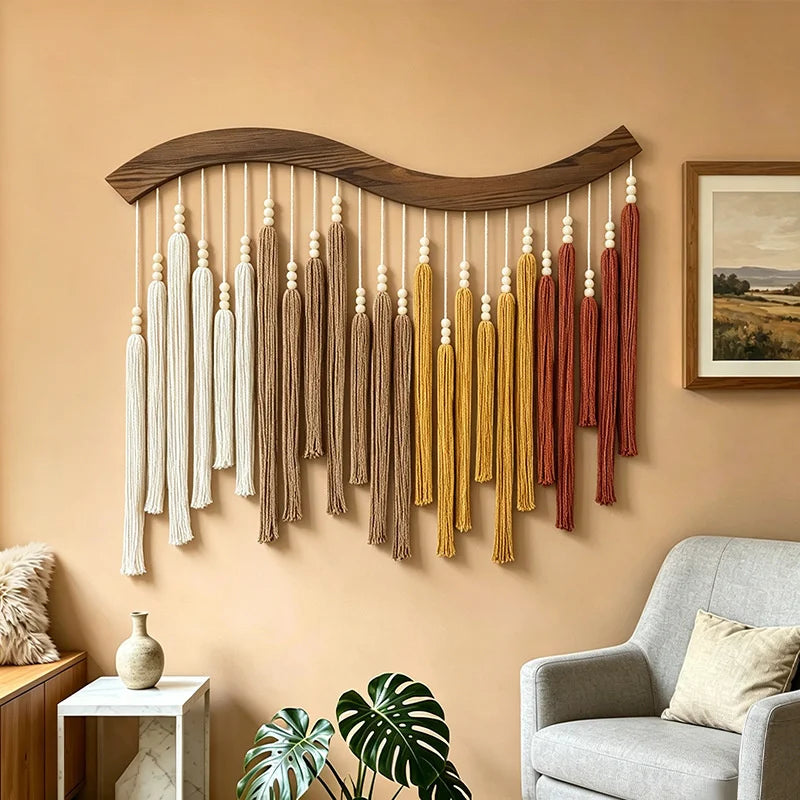 Grüne Makramee-Wanddekoration mit Quasten – 70 × 80 cm