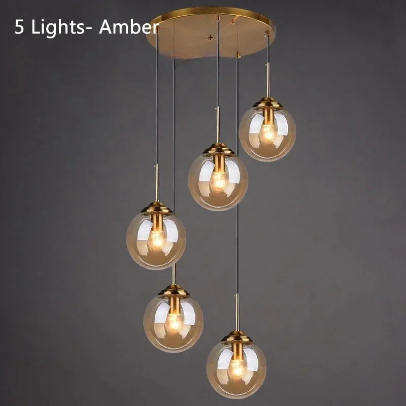 Glaskugel-Hängeleuchte | 3 oder 5 Köpfe | Bernstein, klar oder rauchgrau | E27