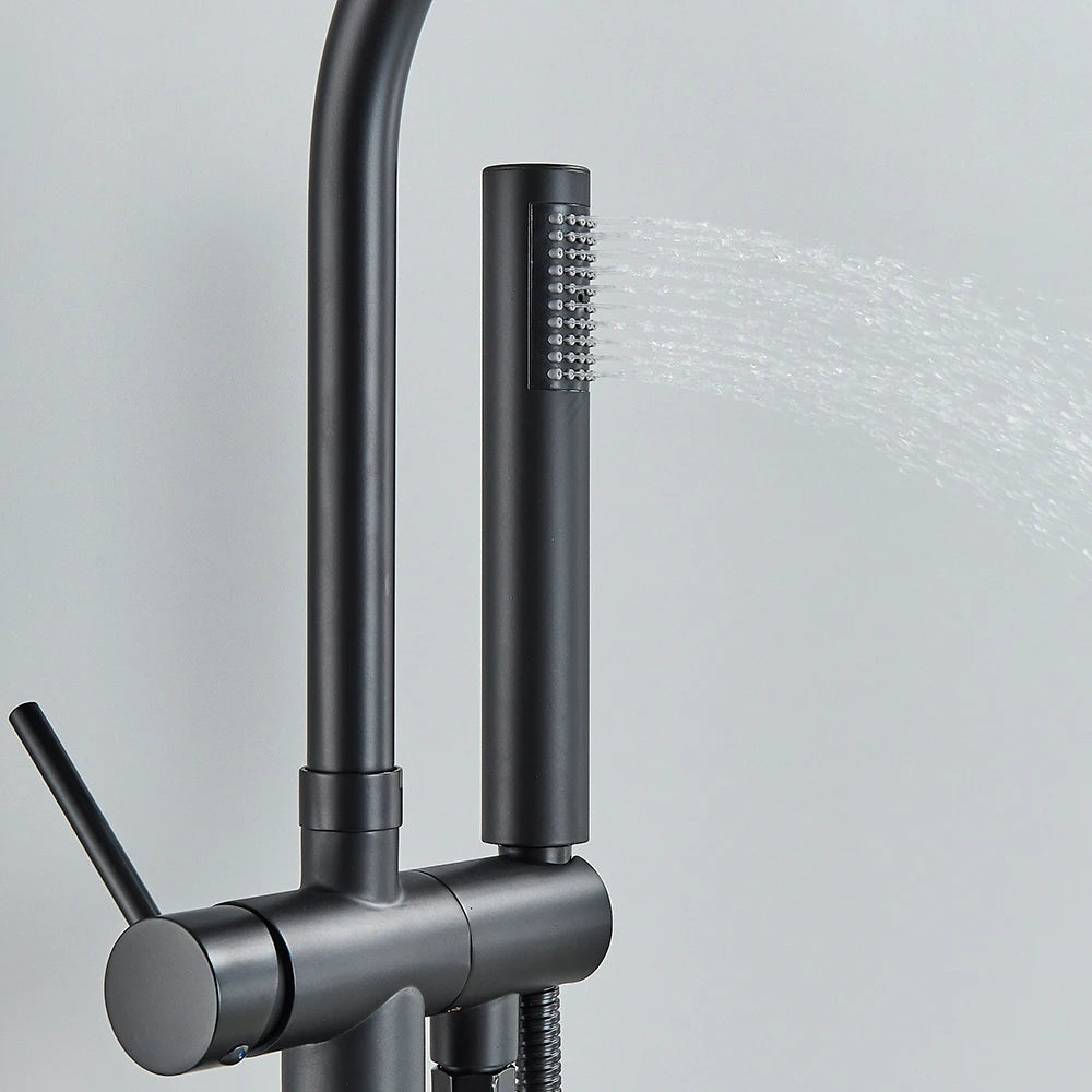 Floor Standing Bathtub Faucet - Single Handle Mixer with 360° Swivel Spout & Hand Shower