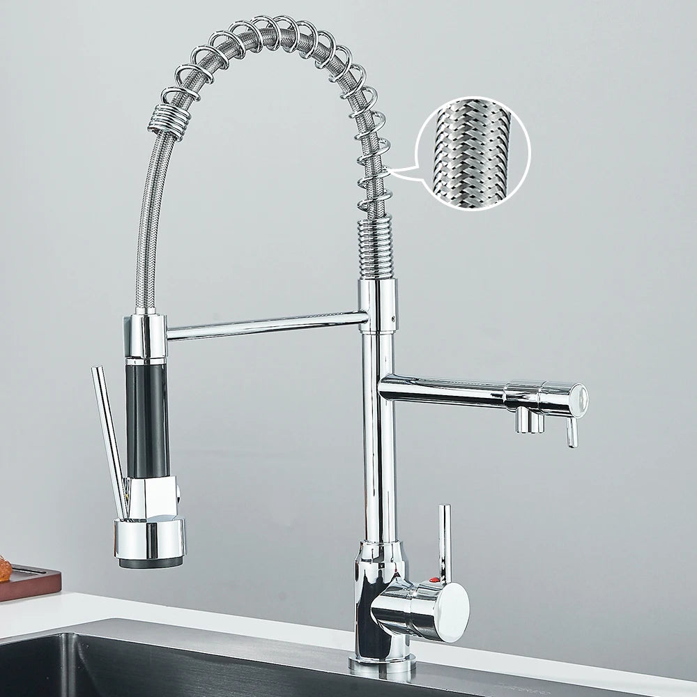 Dual Spout Kitchen Faucet with Pull-Out Spring Sprayer – Chrome | Mixer Tap