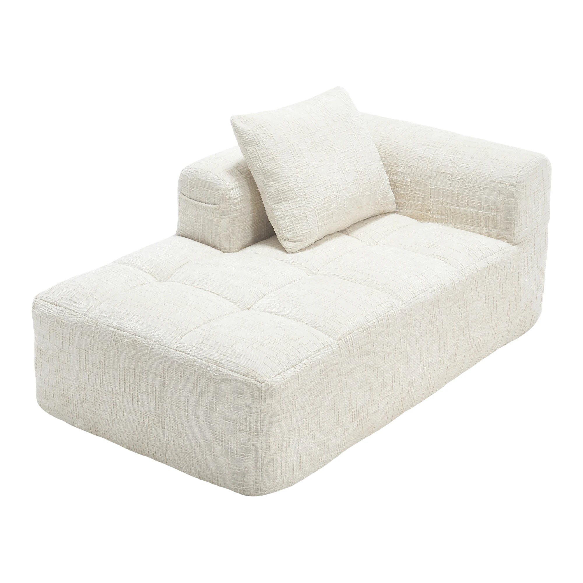 Luxury Beige Chenille Chaise Lounge Sofa - 2-Seater with Storage Pockets