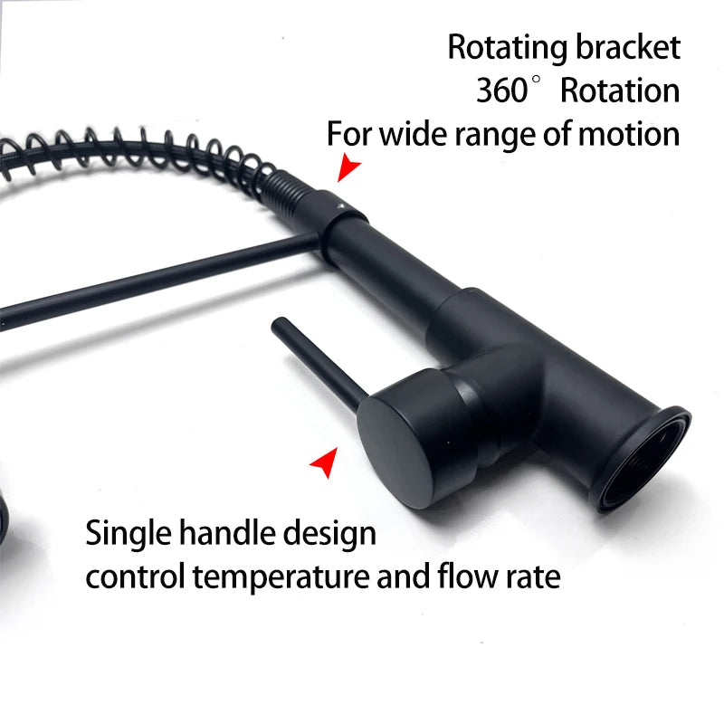 Stainless Steel Kitchen Faucet – Pull-Down Spring Spout with 360° Rotation | Matte Black