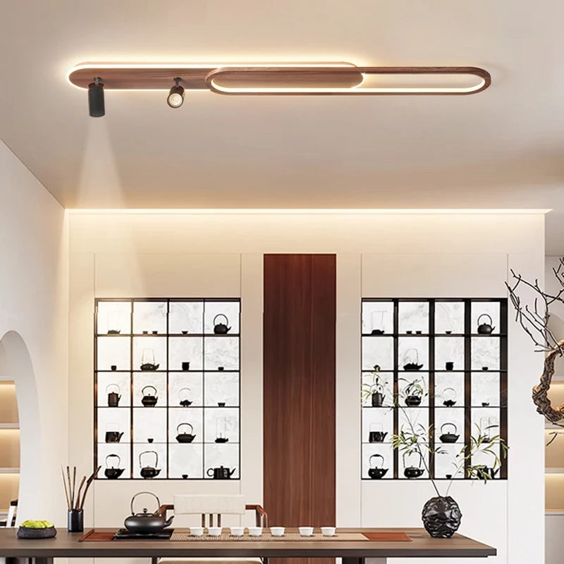 Linear LED Ceiling Light with Walnut Finish and Spotlight