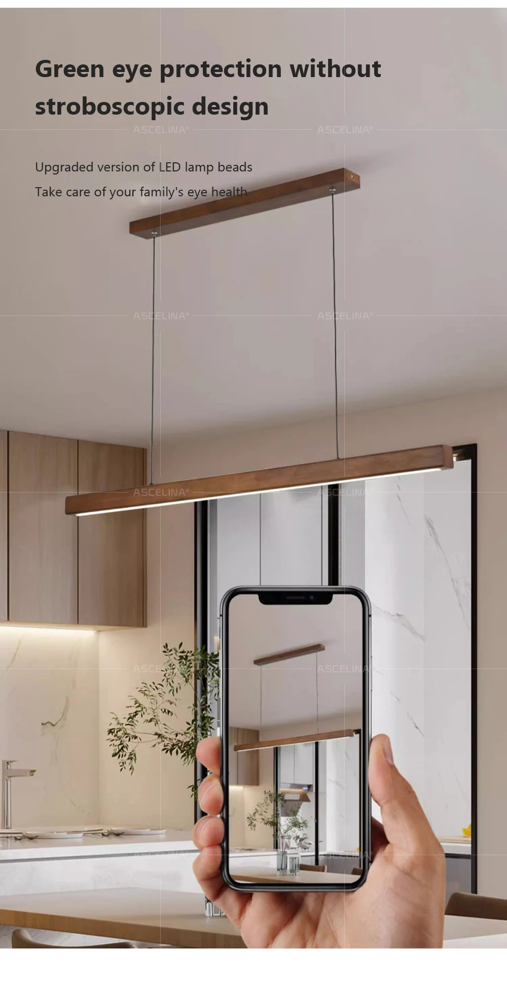 LED Pendant Light - Wood Long Strip - Kitchen Island Lighting