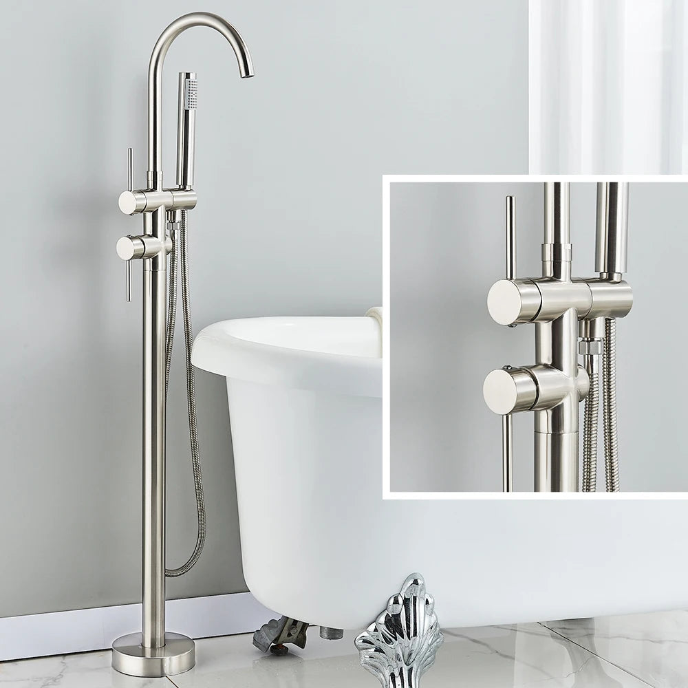 Floor Standing Bathtub Faucet - Single Handle Mixer with 360° Swivel Spout & Hand Shower