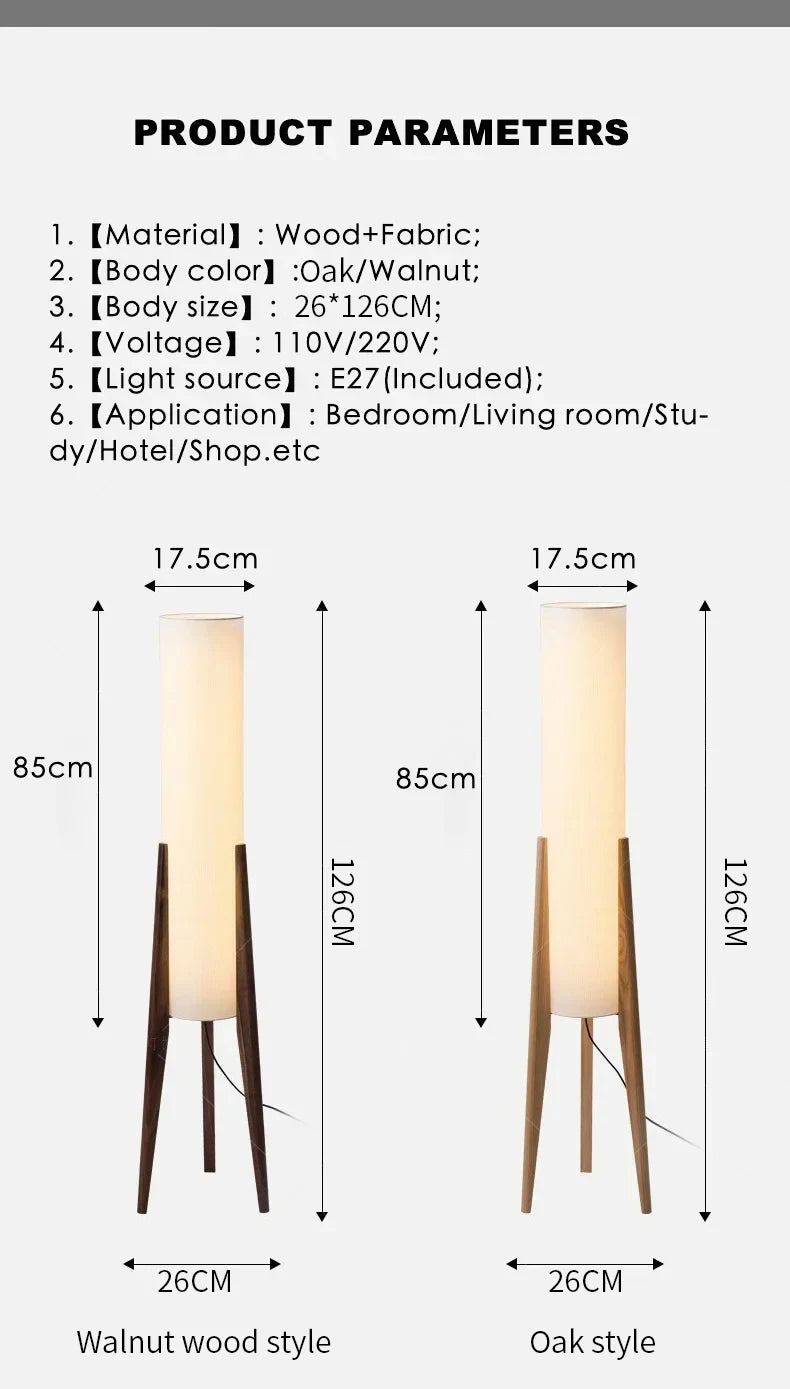 Japanese Retro Solid Wood Floor Lamp - Fabric Lampshade Standing Light
