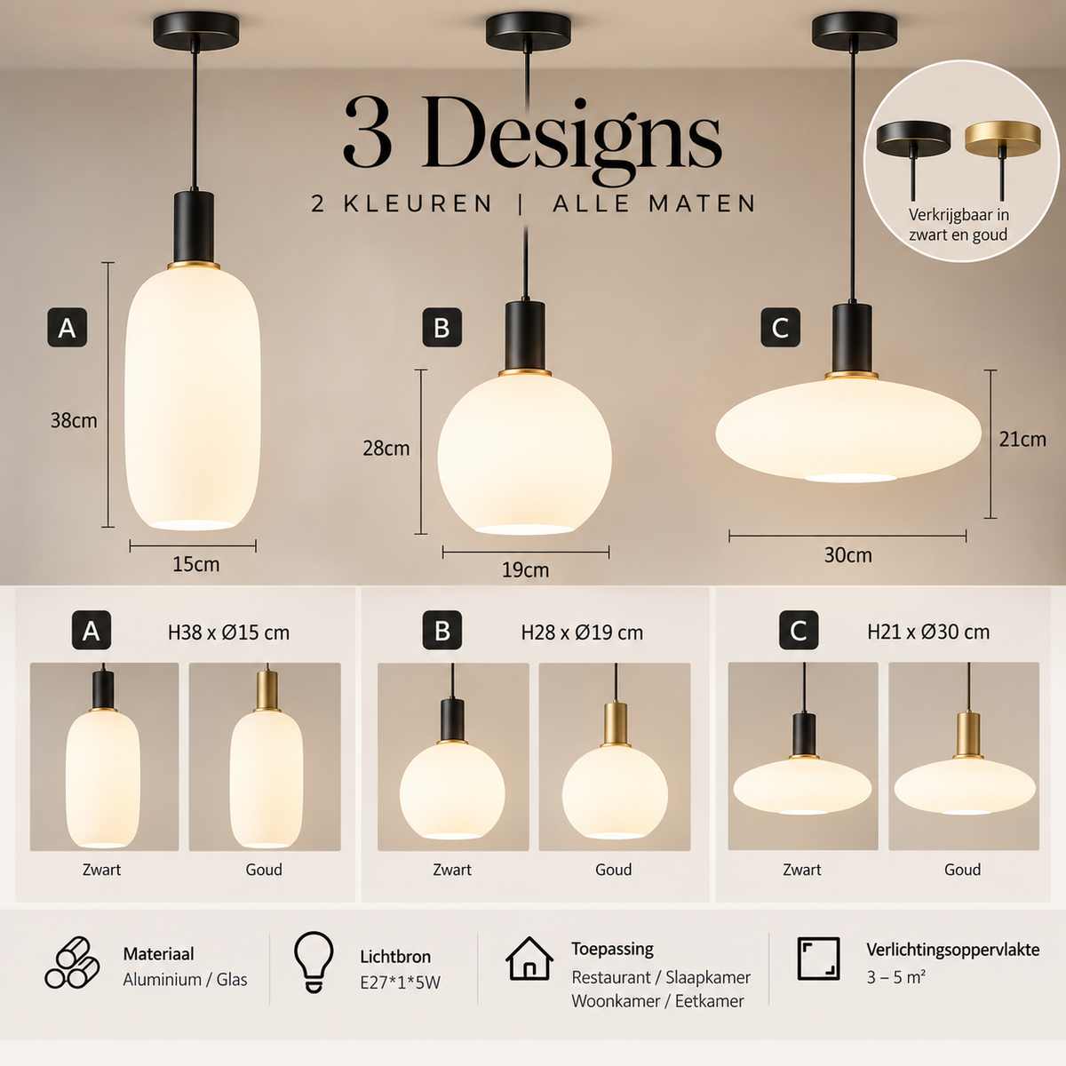 Melkglazen LED hanglamp zwart / goud