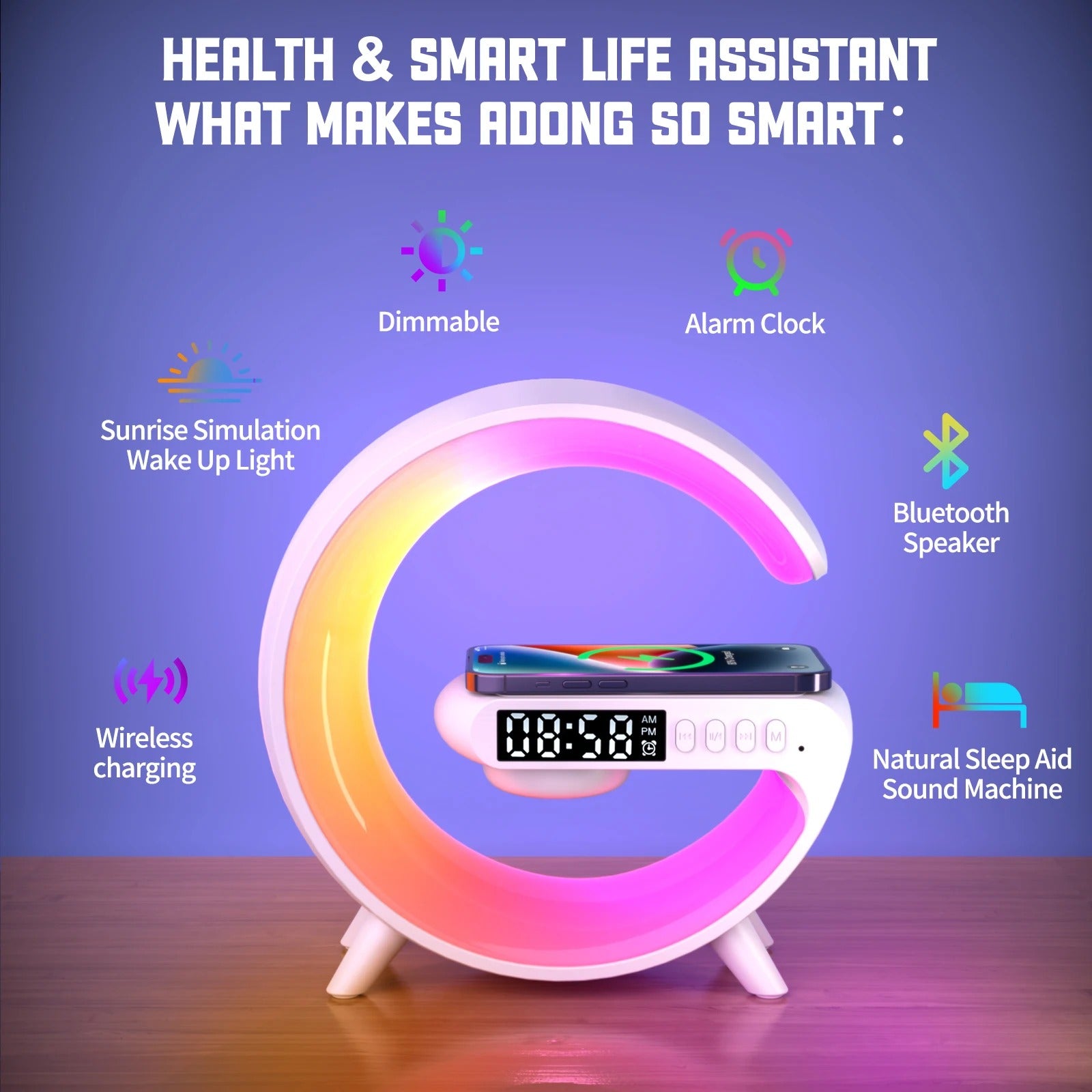 All-in-One Wireless Charger with Speaker, LED + Clock