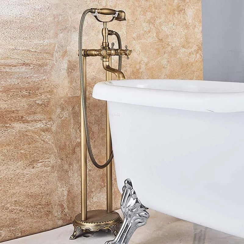 Antique Brass Dual-Handle Floor Stand Faucet – Classic & Functional