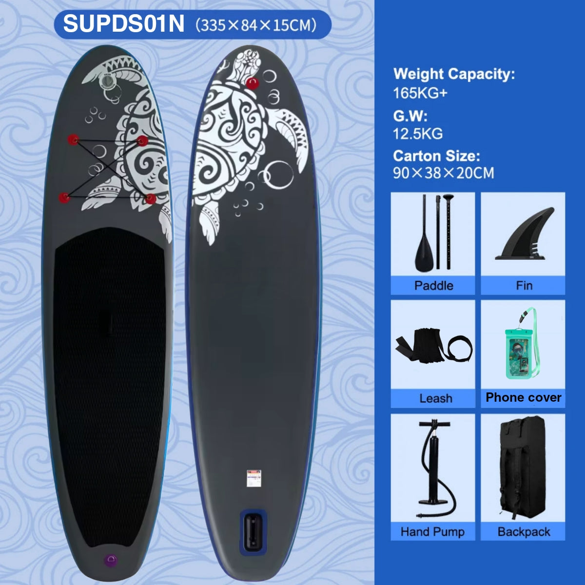 Inflatable SUP board with premium accessories and carrying strap
