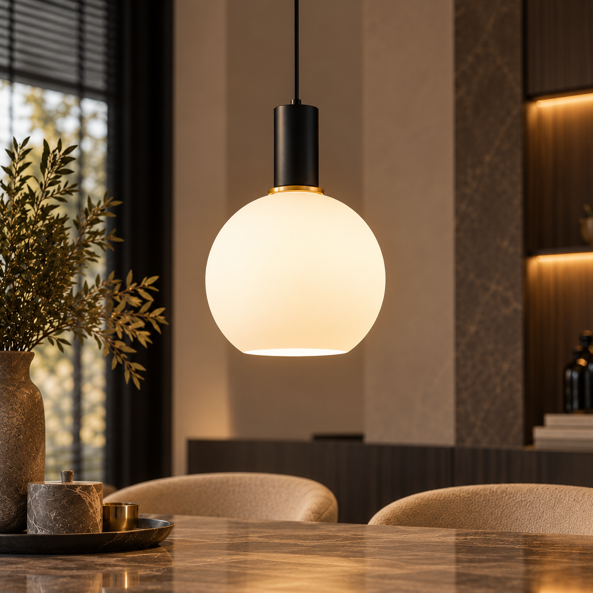 Melkglazen LED hanglamp zwart / goud