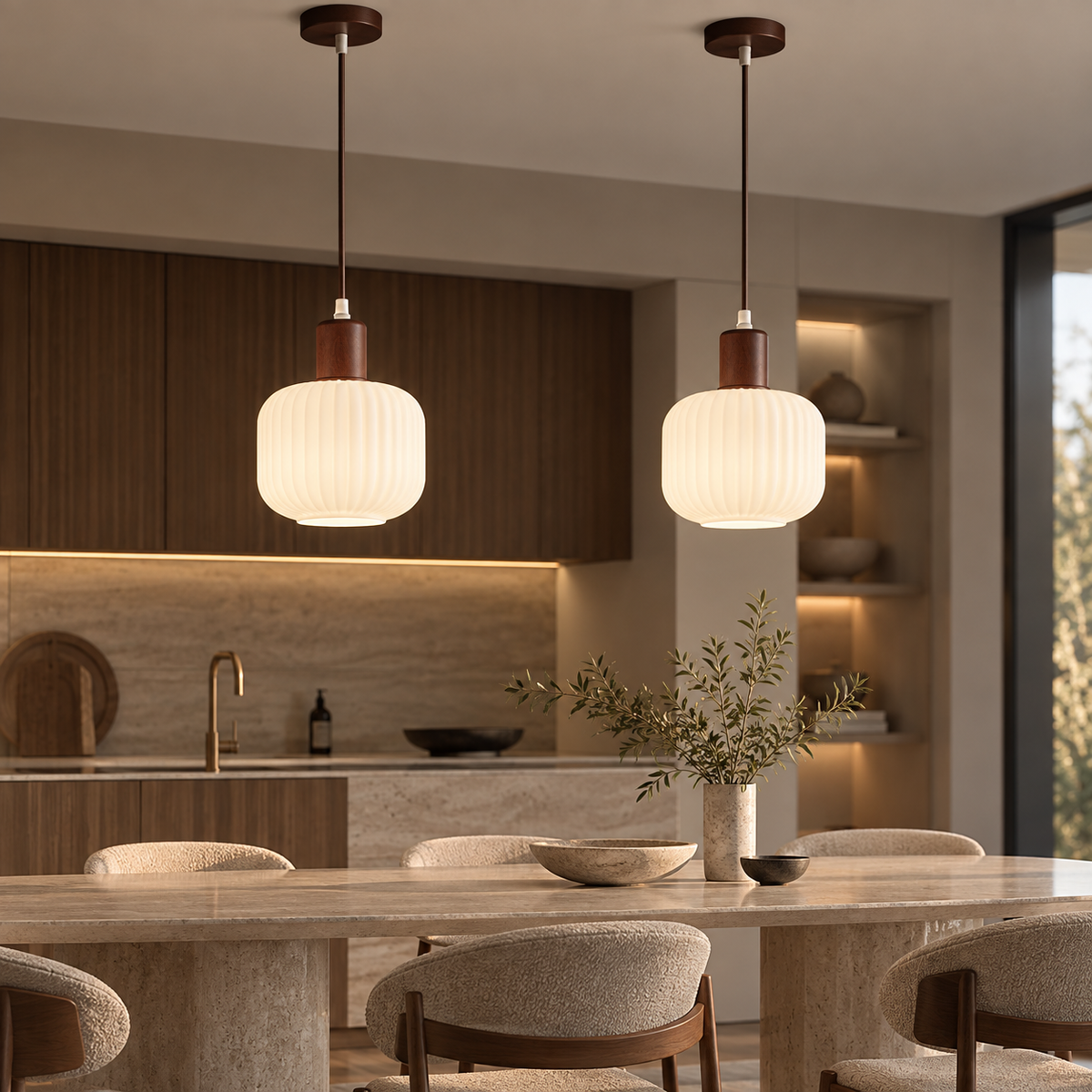 Melkglazen LED Hanglamp met Houten Pendel