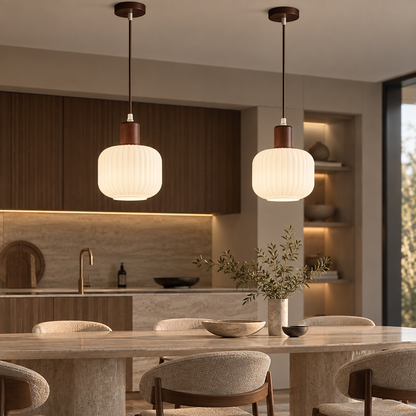 Melkglazen LED Hanglamp met Houten Pendel