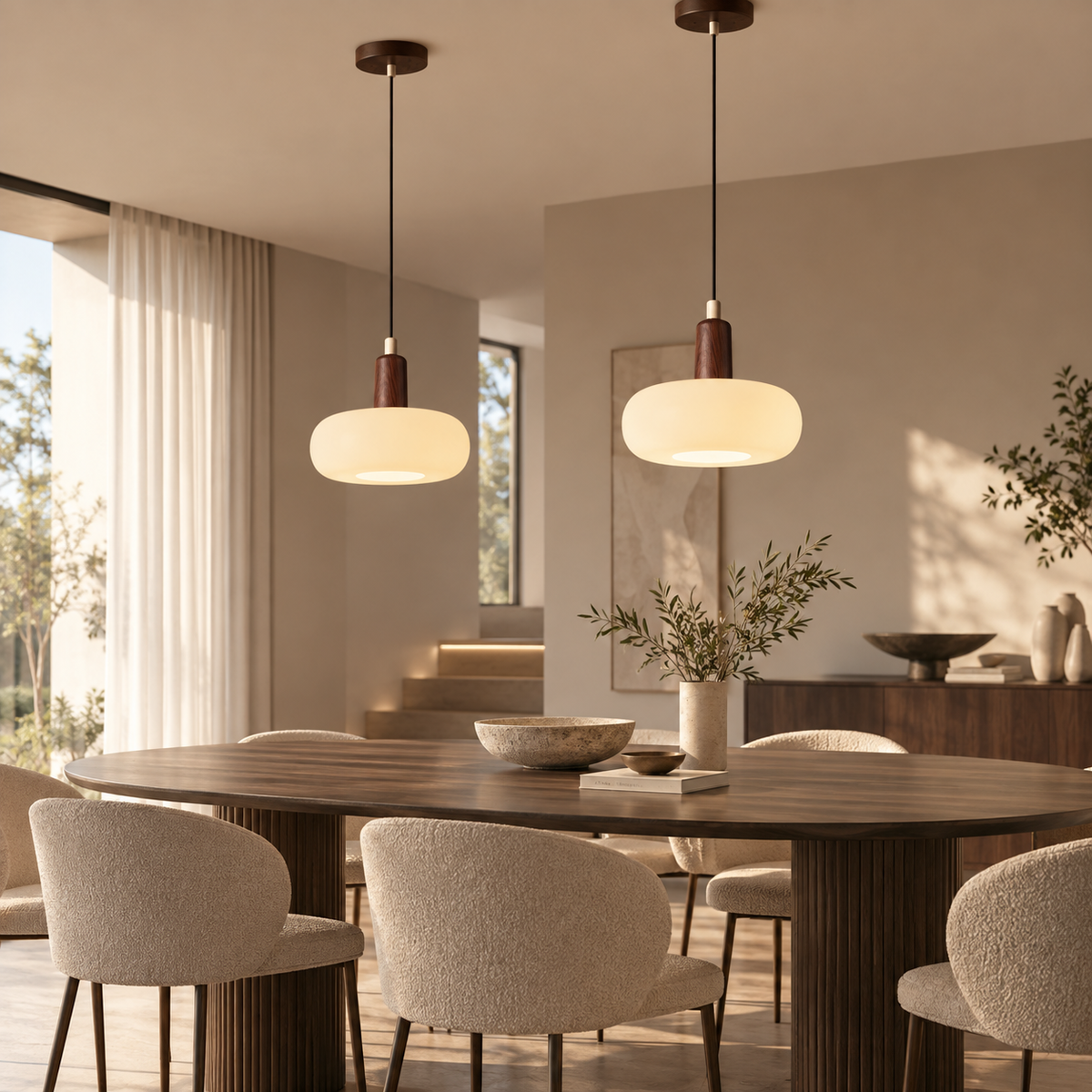 Melkglazen LED Hanglamp met Houten Pendel