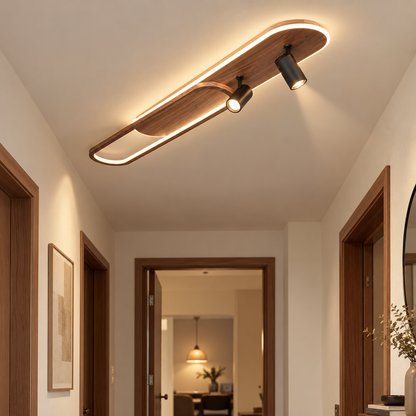 Linear LED Ceiling Light with Walnut Finish and Spotlight