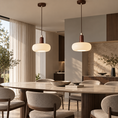 Melkglazen LED Hanglamp met Houten Pendel