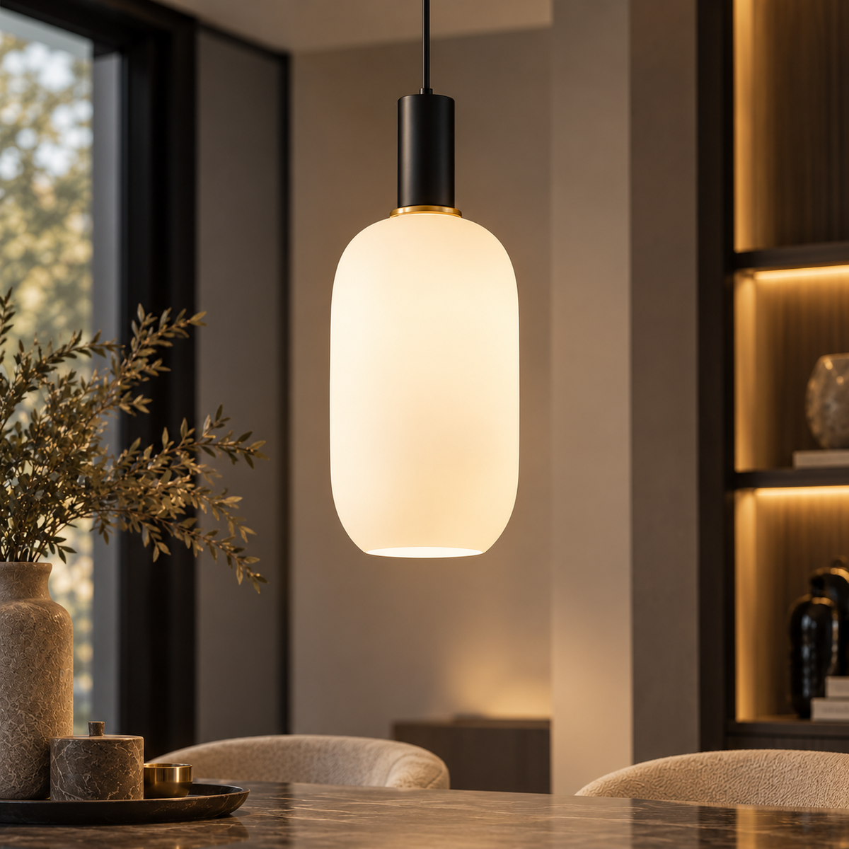 Melkglazen LED hanglamp zwart / goud