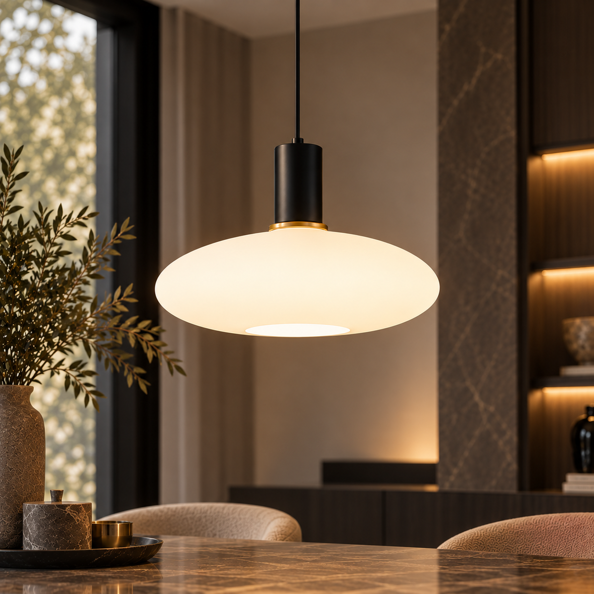 Melkglazen LED hanglamp zwart / goud