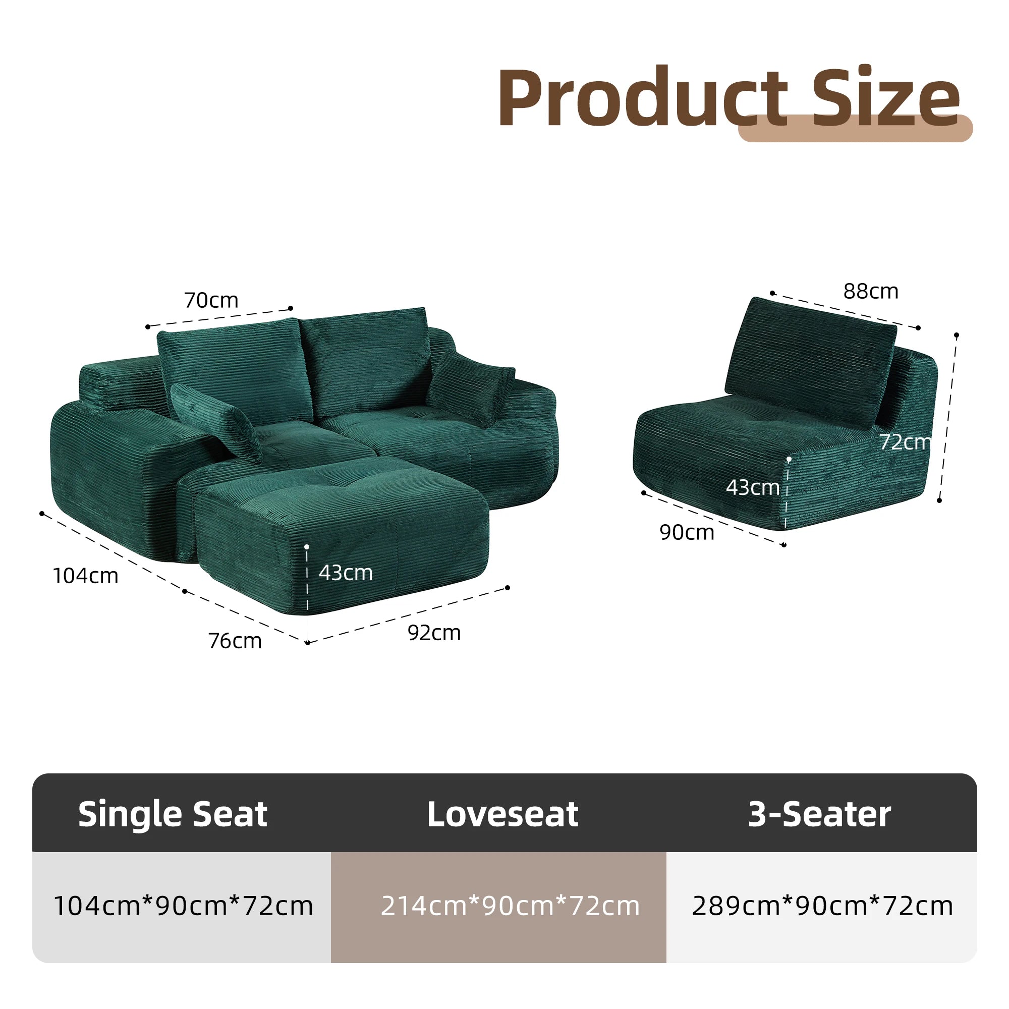 Luxury Green L-Shaped Corduroy Sofa - 3-Seater Modular Sectional Couch