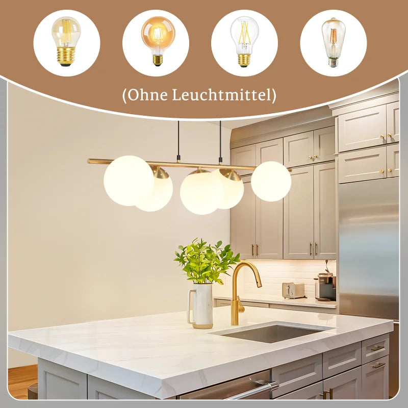 5-Vlam Glazen Bol Hanglamp – Verstelbare Hoogte | Zwart of Goud