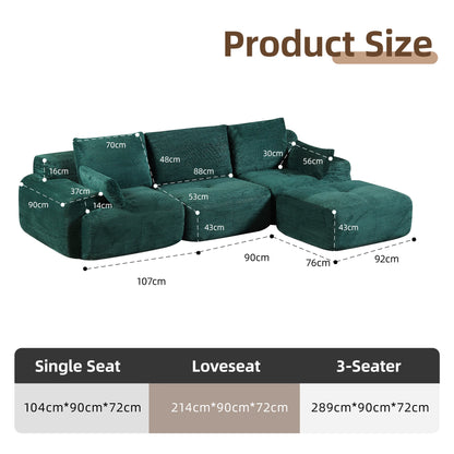 Luxury Green L-Shaped Corduroy Sofa - 3-Seater Modular Sectional Couch