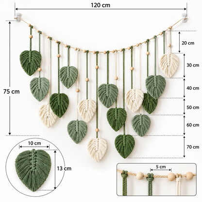 Boho-Makramee-Wandbehang mit Blättern – 120 × 75 cm