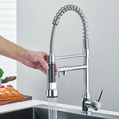 Dual Spout Kitchen Faucet with Pull-Out Spring Sprayer – Chrome | Mixer Tap