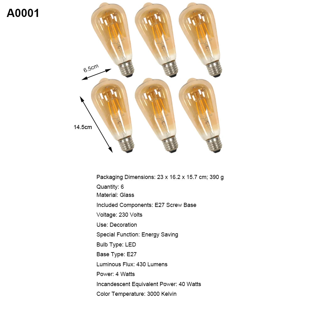 E27 LED Edison Glühbirne 4W Vintage Retro Filamentlampe ST64 Amber Glas Warmweiß 3000K 430LM Energiesparend Antik Schraubsockel Dekorative Glühbirne
