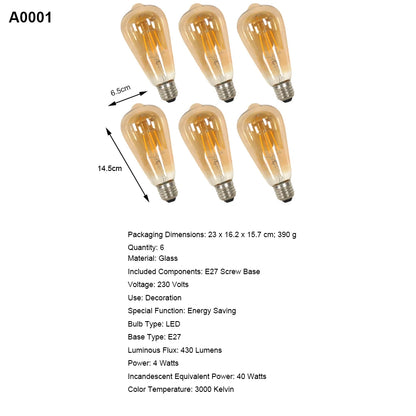 E27 LED Edison Glühbirne 4W Vintage Retro Filamentlampe ST64 Amber Glas Warmweiß 3000K 430LM Energiesparend Antik Schraubsockel Dekorative Glühbirne