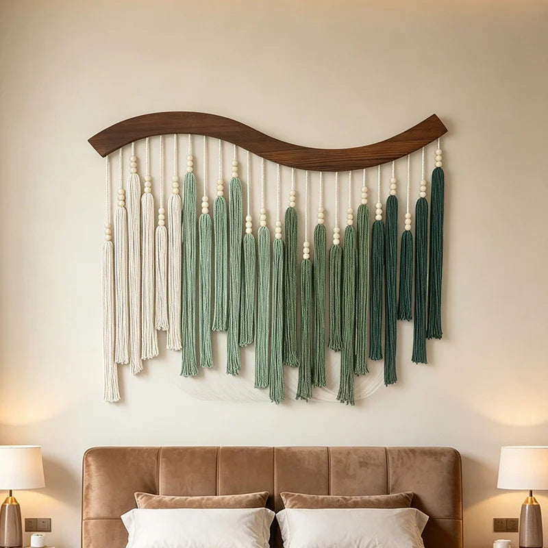 Grüne Makramee-Wanddekoration mit Quasten – 70 × 80 cm