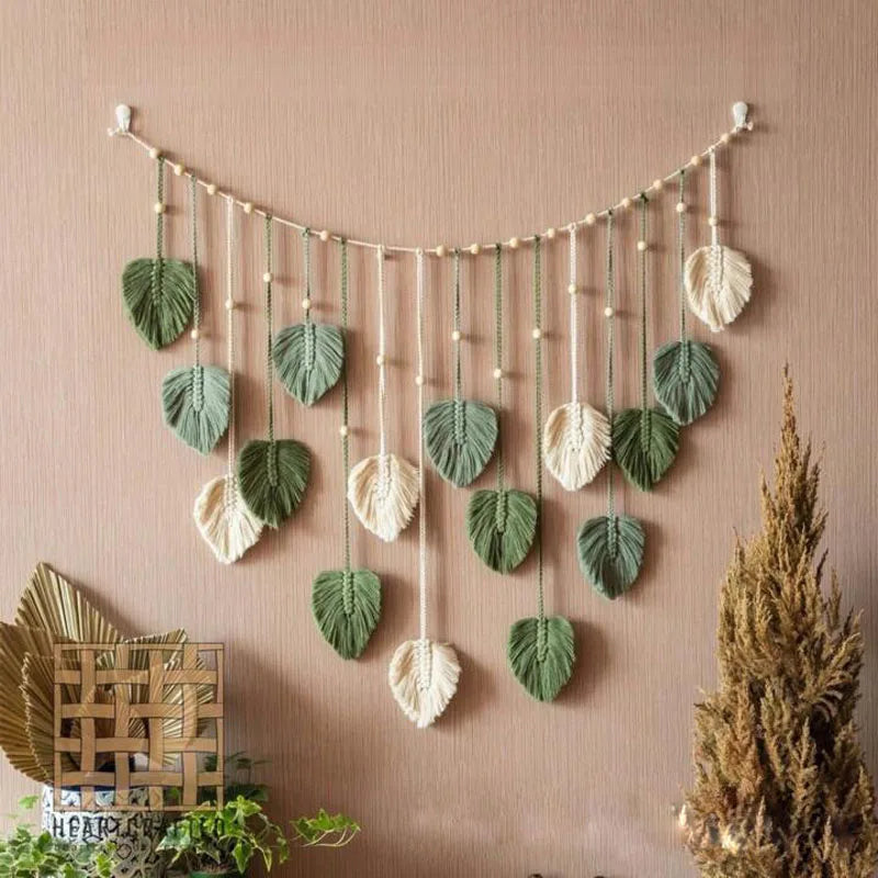 Boho-Makramee-Wandbehang mit Blättern – 120 × 75 cm