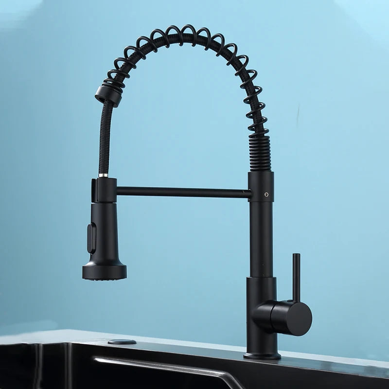Stainless Steel Kitchen Faucet – Pull-Down Spring Spout with 360° Rotation | Matte Black