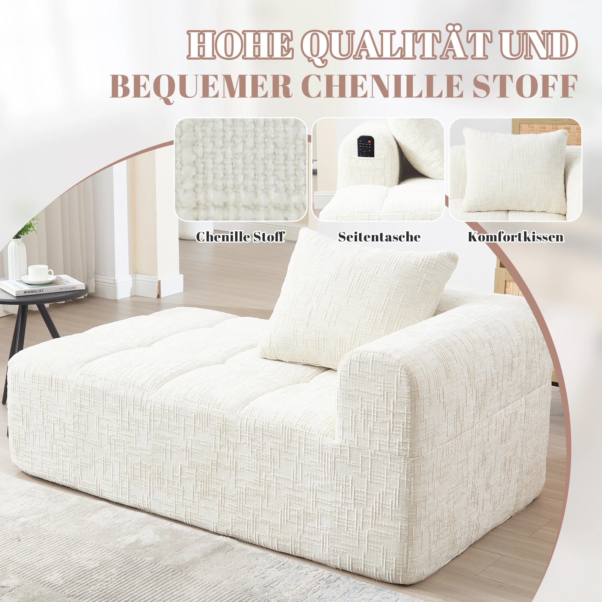 Luxury Beige Chenille Chaise Lounge Sofa - 2-Seater with Storage Pockets