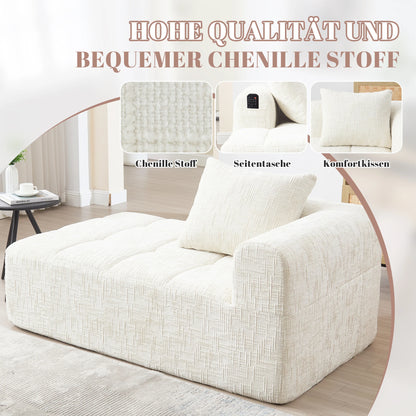 Luxury Beige Chenille Chaise Lounge Sofa - 2-Seater with Storage Pockets